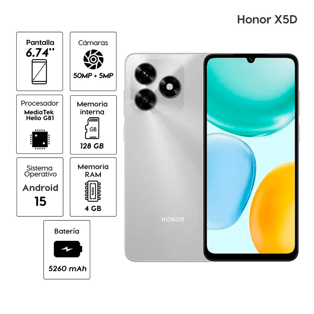 Imagen 2 del producto Celular Honor X5D 128GB, 4GB RAM, cámara trasera 50MP y frontal 5MP, 6.74"", plata