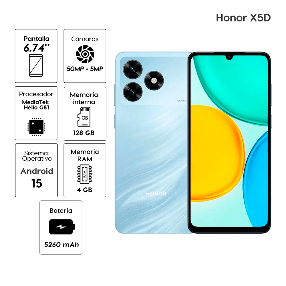 Imagen 2 del producto Celular Honor X5D 128GB, 4GB RAM, cámara trasera 50MP y frontal 5MP, 6.74"", azul