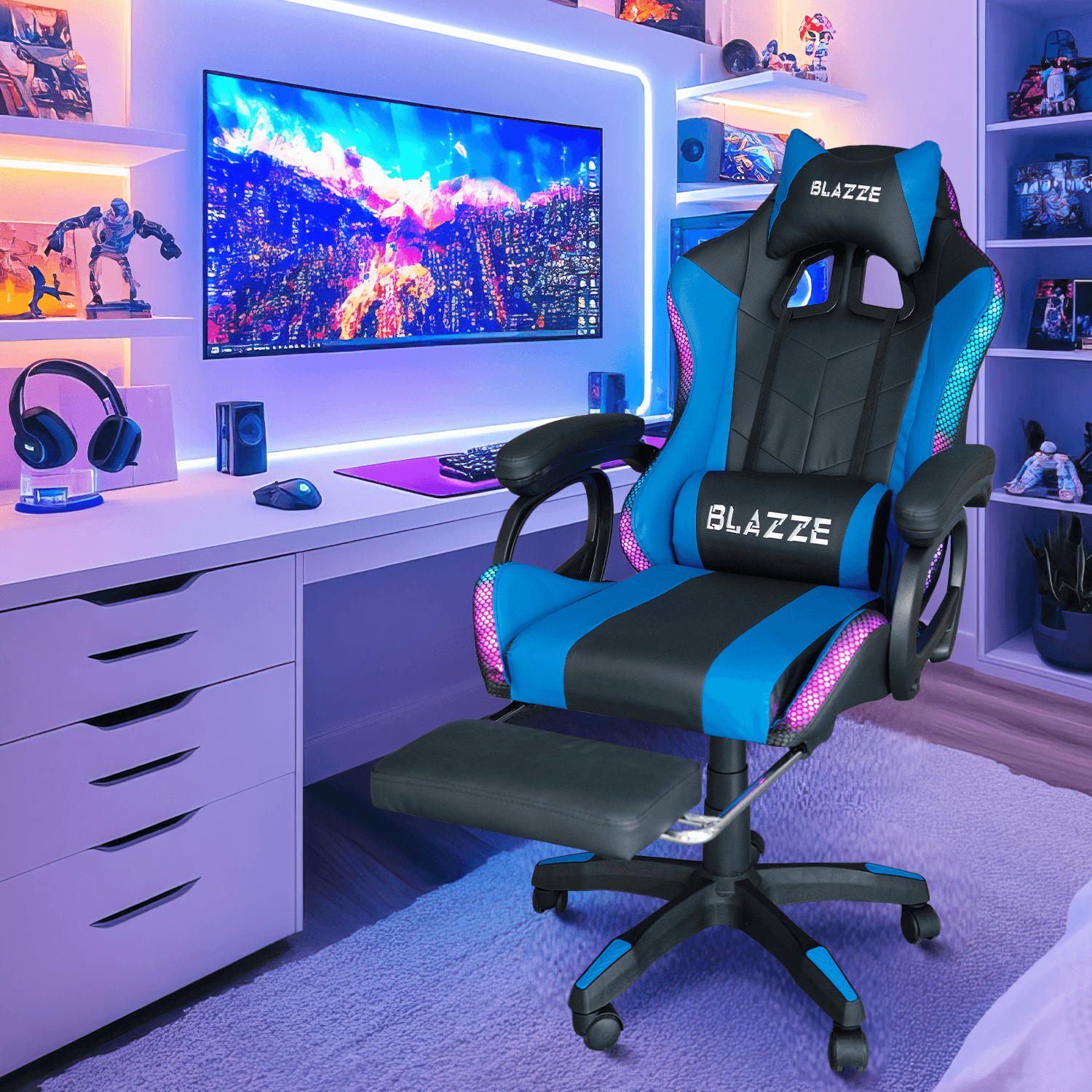 Imagen 2 del producto Silla gamer Blazze Buff RGB, reclinable 135°, reposapiés, soporte lumbar, carga 100 kg, azul