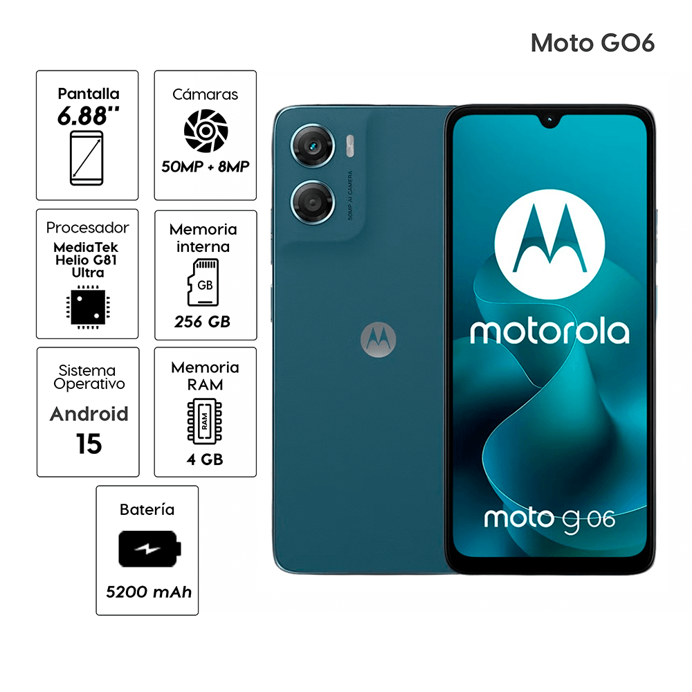 Imagen 2 del producto Celular Motorola G06 256GB, 4GB RAM, cámara trasera 50MP y frontal 8MP, 6.88"", azul