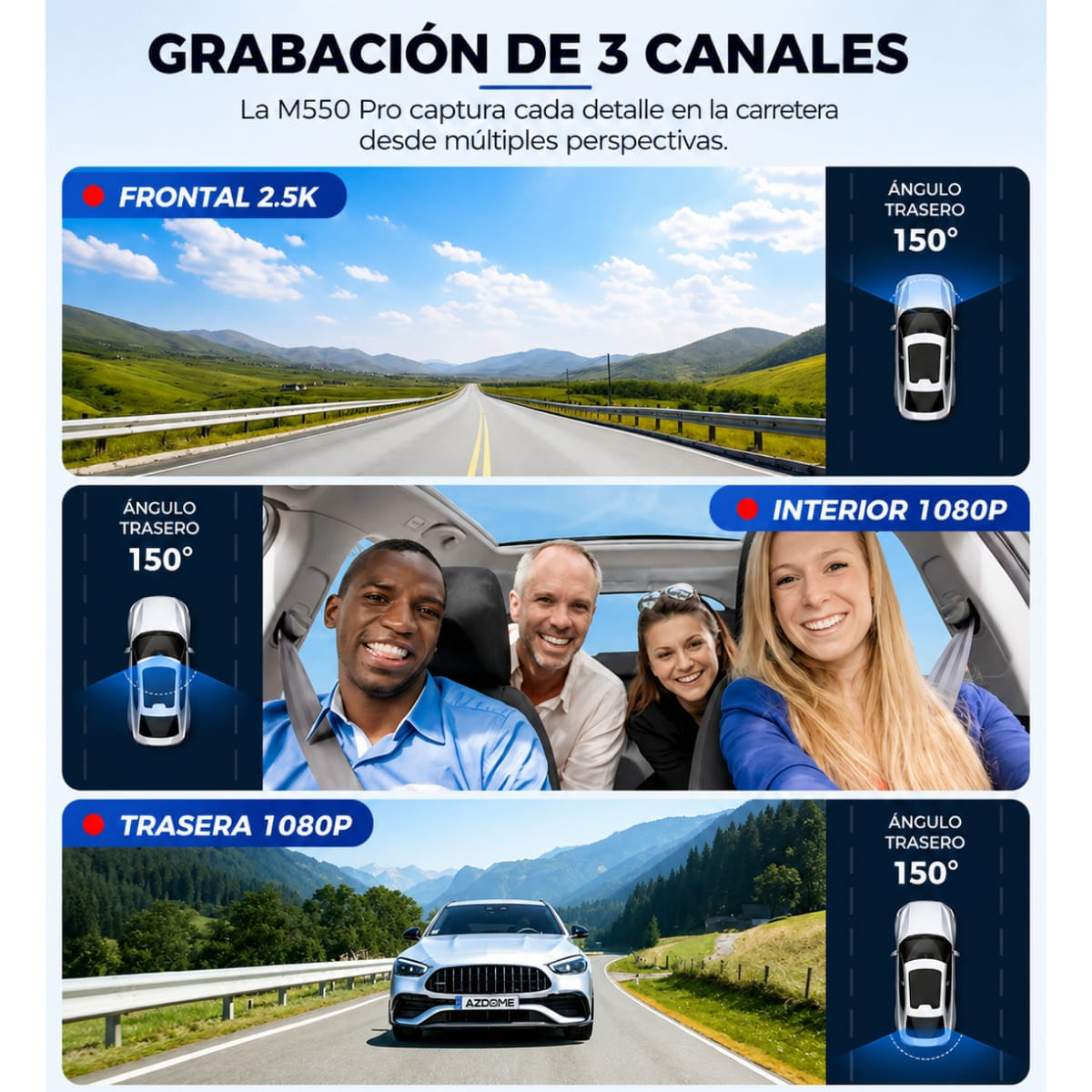 Imagen 2 del producto Cámara para auto AZDOME M550 Pro 4K, triple frontal, interior y trasera, GPS, Wi-Fi, microSD 64GB y hardwire kit
