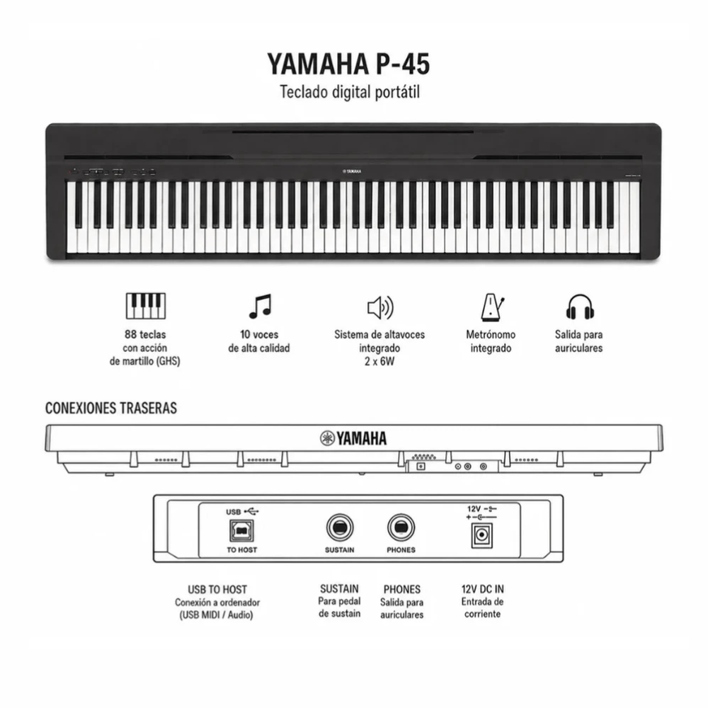 Imagen 2 del producto Piano digital Yamaha P-45 Pack, pantalla LED, 88 teclas contrapesadas GHS, 10 sonidos, incluye soporte, pedal sustain y asiento, negro