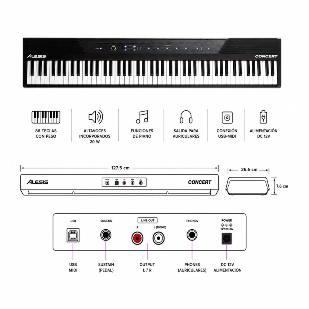 Imagen 2 del producto Piano digital Alesis Concert Pack, pantalla LED, 88 teclas semicontrapesadas, 10 sonidos, incluye soporte, pedal sustain y asiento, negro
