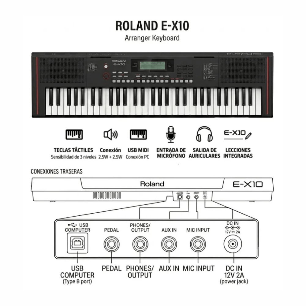 Imagen 2 del producto Teclado Roland E-X10 Pack Arranger, pantalla LCD, 61 teclas sensibles al tacto, 601 tonos, incluye soporte X y estuche, negro