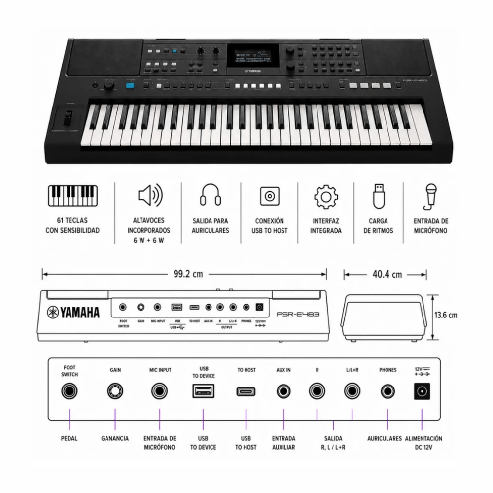 Imagen 2 del producto Teclado Yamaha PSR-E483 Pack Cristiano Avanzado, pantalla LCD, 61 teclas sensibles al tacto, 860 tonos, incluye soporte y funda, negro