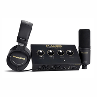 Interfaz de audio M-Audio M-Track Duo HD Pack, USB Tipo-C, 2 canales, 24 bits, 192 kHz, preamps Crystal + micrófono M100 + audífonos HDH41