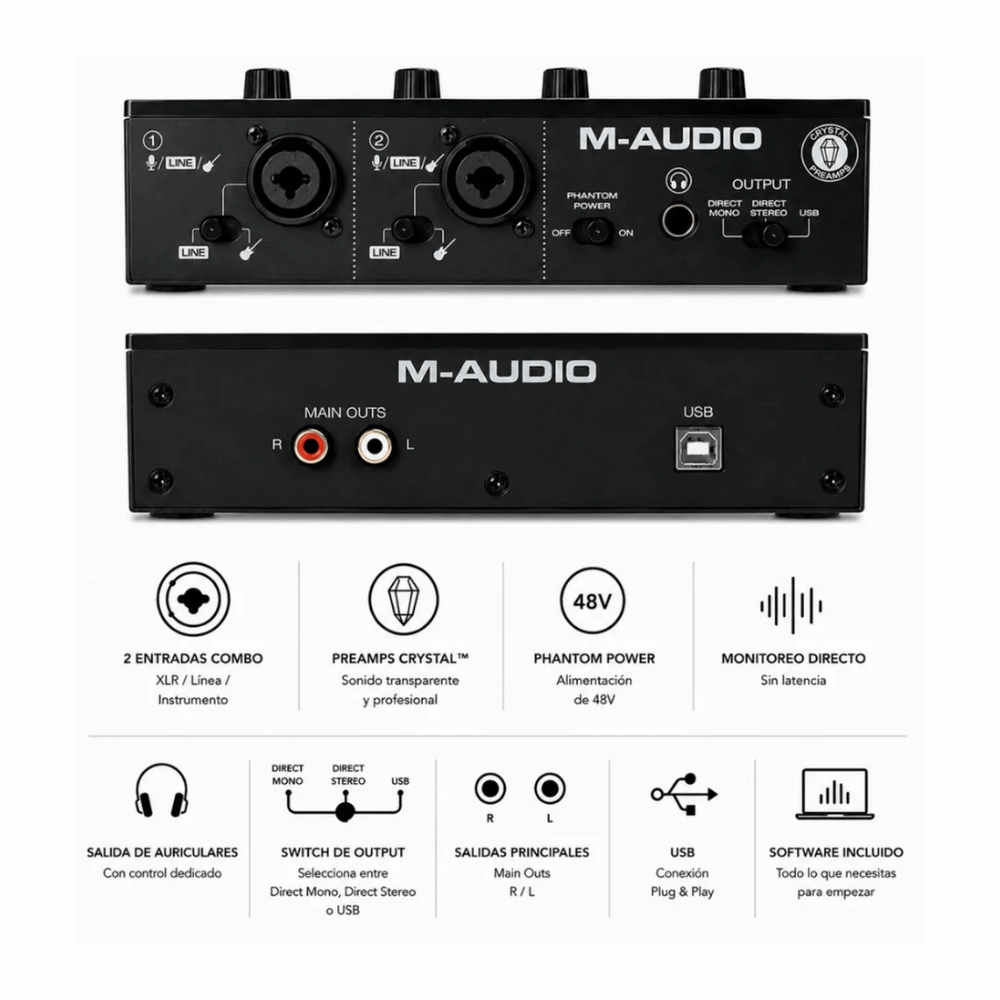 Imagen 2 del producto Interfaz de audio M-Audio M-Track Duo, USB Tipo-C, 2 canales, 24 bits, 48 kHz, preamps Crystal, phantom power 48 V, negro