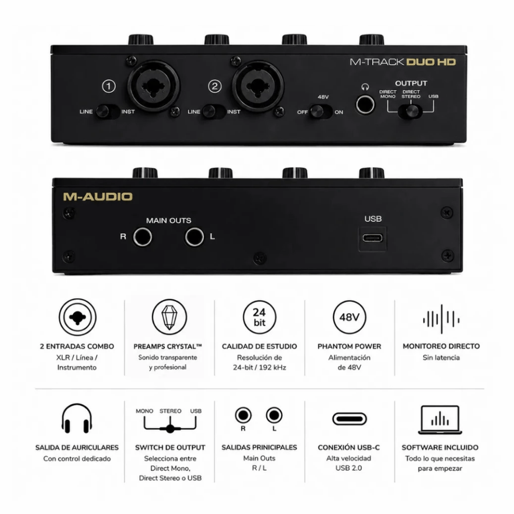 Imagen 2 del producto Interfaz de audio M-Audio M-Track Duo HD, USB Tipo-C, 2 canales, 24 bits, 192 kHz, preamps Crystal, phantom power 48 V, negro