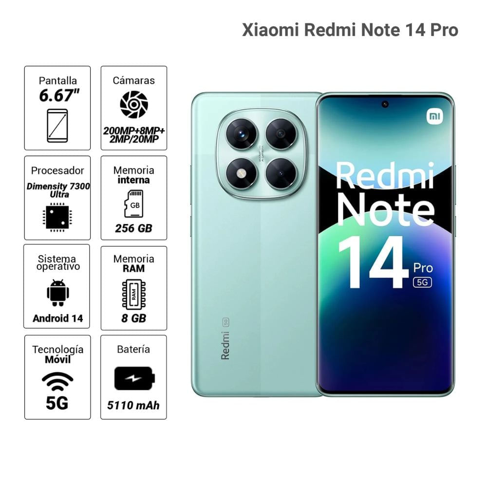 Imagen 2 del producto Celular Xiaomi Redmi Note 14 Pro 5G 256GB, 8GB RAM, cámara trasera 200MP y frontal 20MP, 6.67"", verde