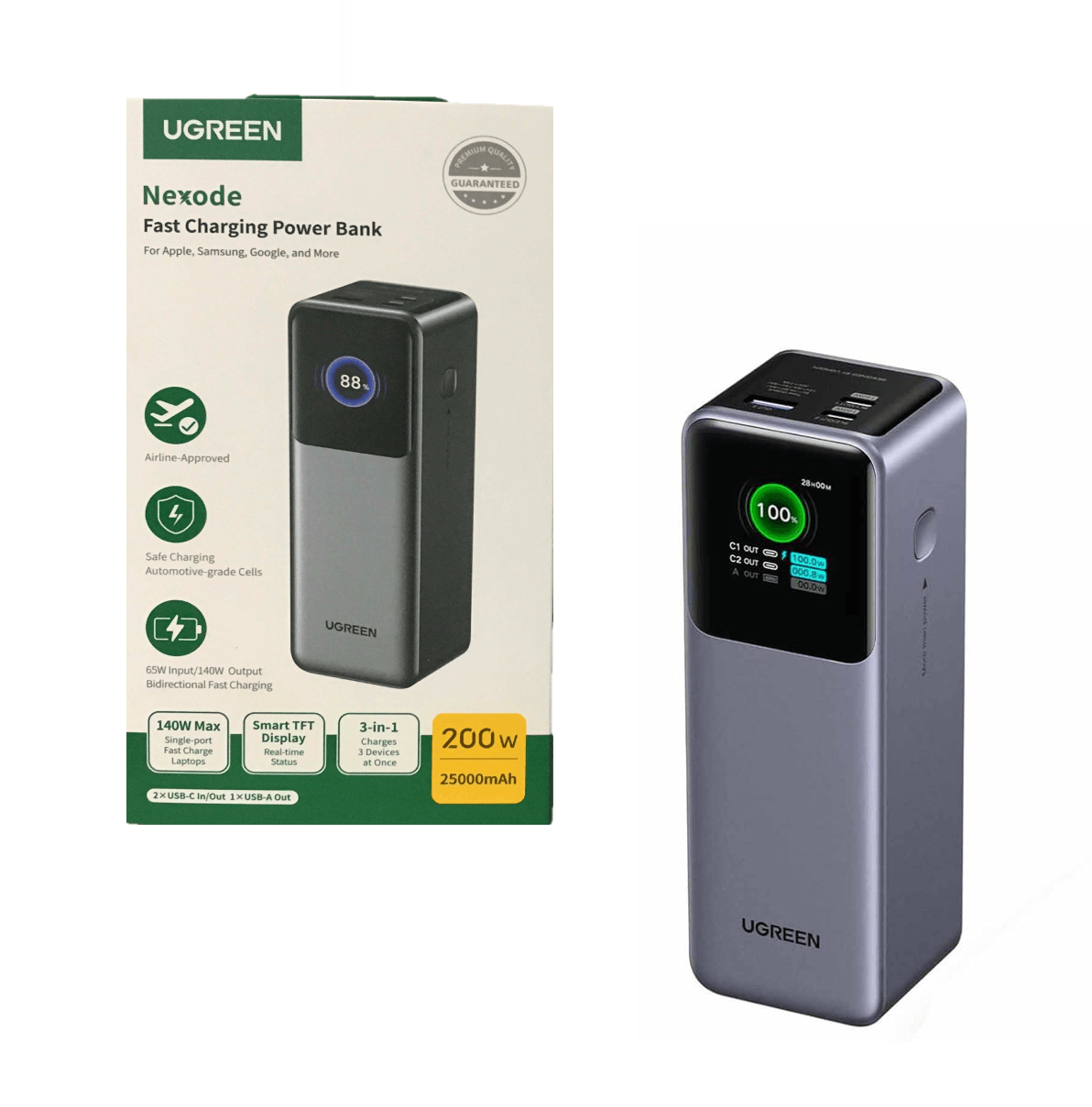 Imagen 2 del producto Power bank UGREEN PB722 25,000 mAh 200W, 2 USB-C + USB-A, pantalla TFT, gris