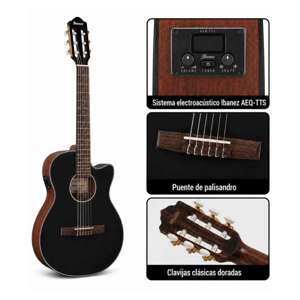 Imagen 2 del producto Guitarra electroacústica Ibanez AEG50N-BKH, cuerpo AEG cutaway, cuerdas de nylon, 20 trastes, High Gloss, negro + funda, correa, plumillas y cable