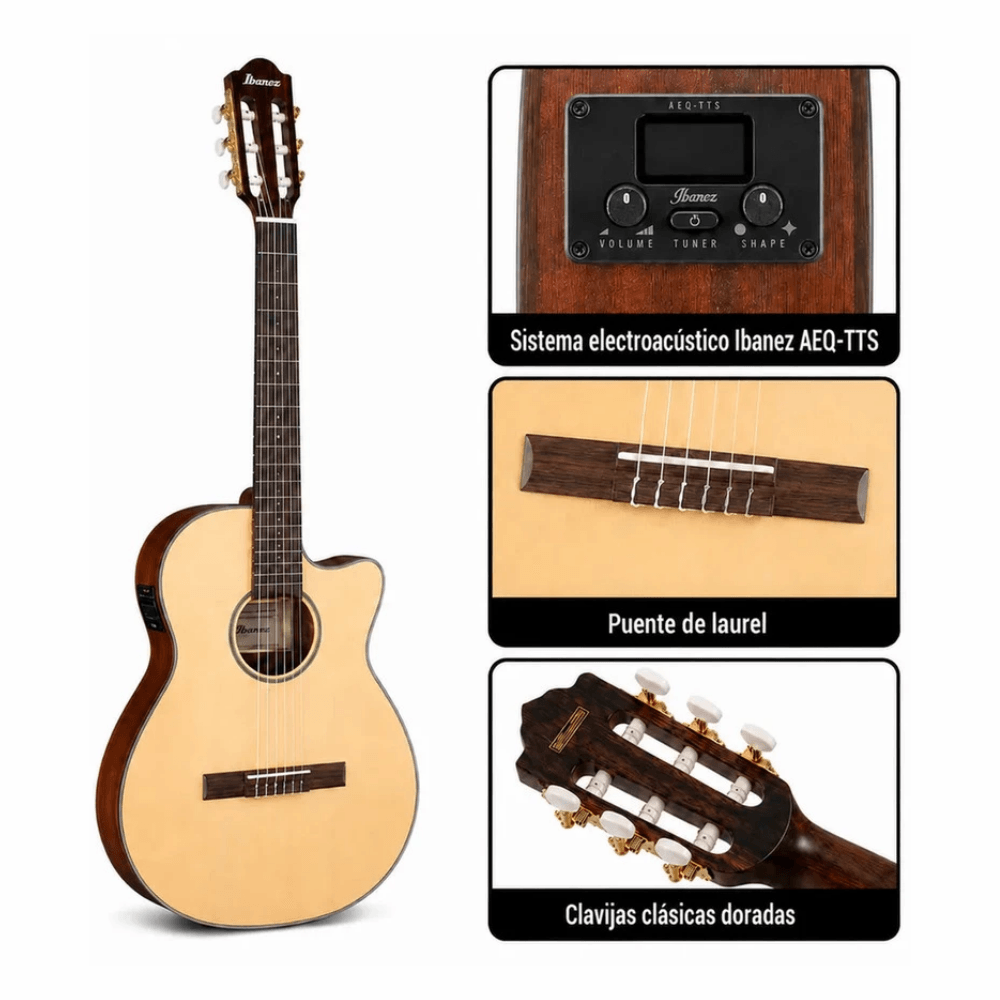 Imagen 2 del producto Guitarra electroacústica Ibanez AEG50N-NT, cuerpo AEG cutaway, cuerdas de nylon, 20 trastes, High Gloss, natural + funda, correa, plumillas y cable