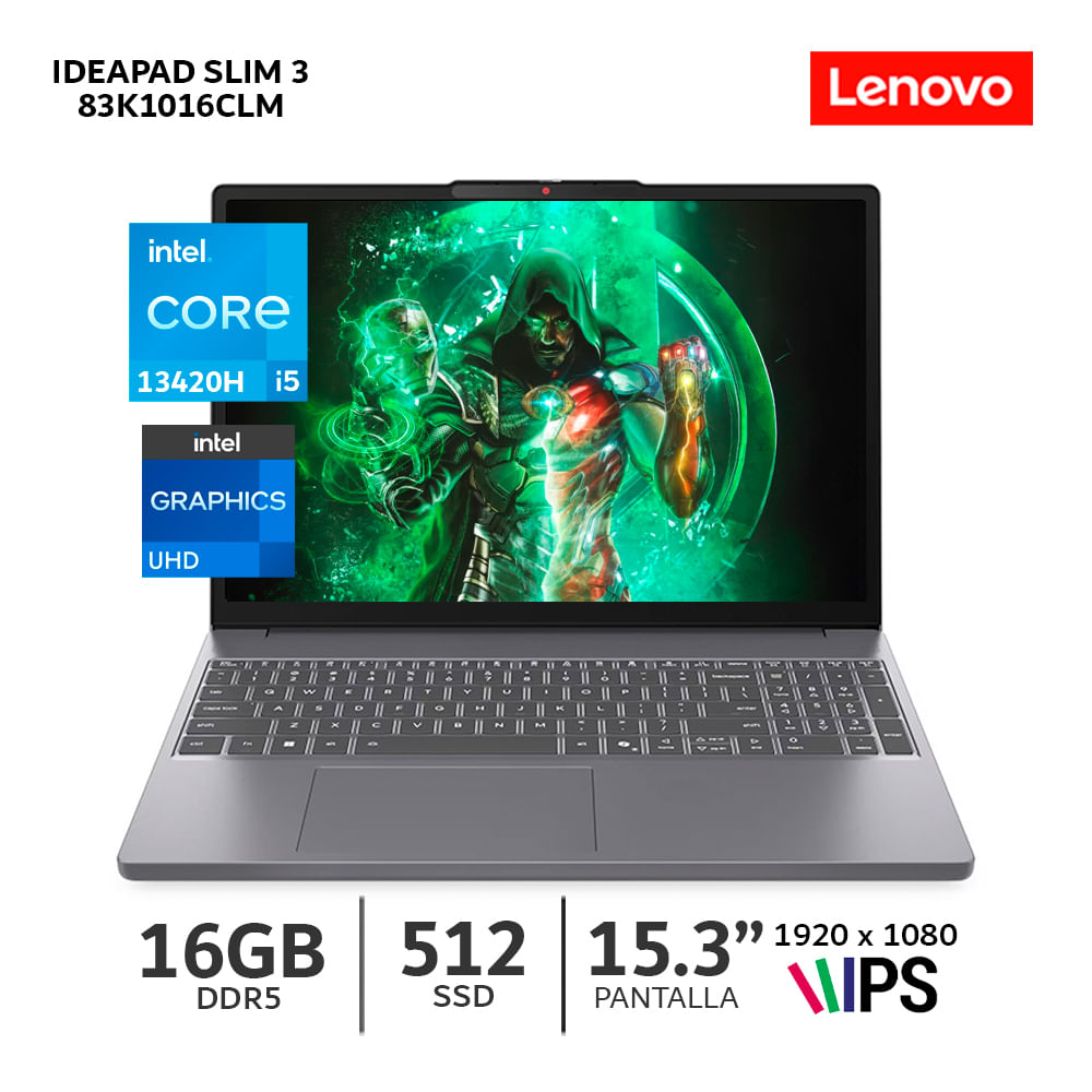 Imagen 2 del producto Laptop Lenovo Ideapad Slim 3 15IRH10 15.3"", Intel Core i5-13420H, 512GB SSD, 16GB RAM, FreeDos - sin Sistema Operativo, gris (83K1016CLM)
