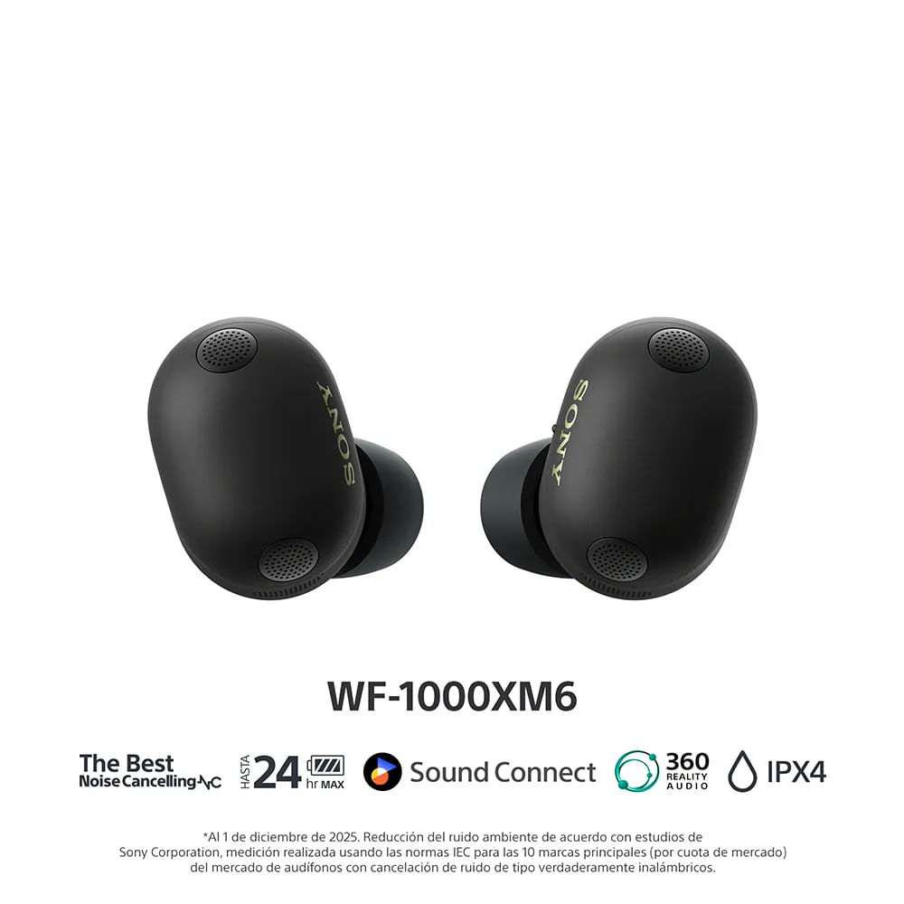Imagen 2 del producto Audífonos bluetooth True Wireless Sony WF1000XM6/BZUC, cancelación de ruido, resistente al agua IPX4, negro