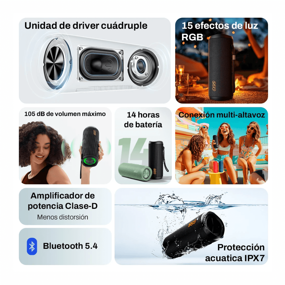 Imagen 2 del producto Parlante Bluetooth QCY SP7, 40 W, IPX7, hasta 14 horas, iluminación RGB, rojo