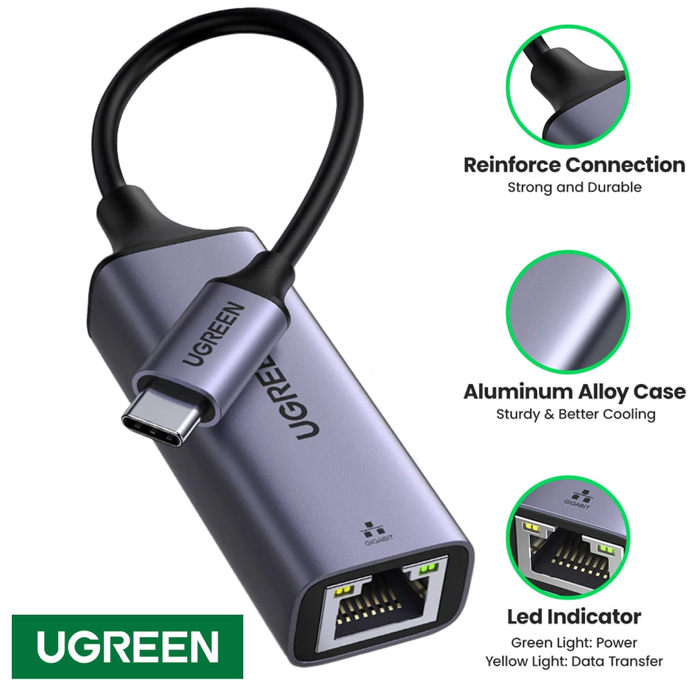 Imagen 2 del producto Adaptador USB Tipo-C a RJ45 Ugreen 50737, Ethernet Gigabit de 1000 Mbps, gris