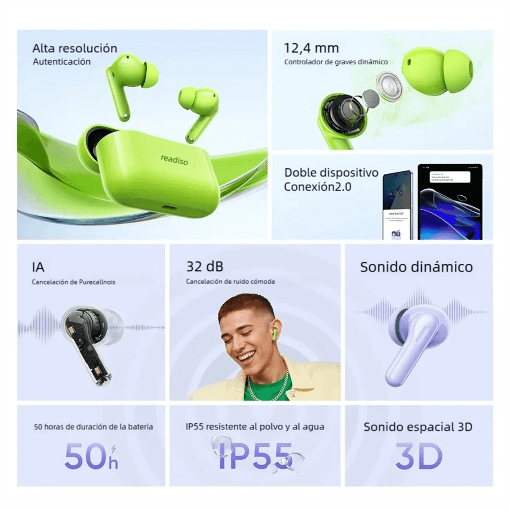 Imagen 2 del producto Audífonos Bluetooth true wireless in ear Realme Buds T200, ANC 32 dB, IPX5, hasta 50 horas, verde