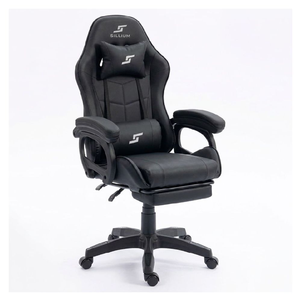 Silla gamer Sillium modelo Sillium, 100 kg, con reposapiés y almohadillas, estructura metálica, reclinable, negro