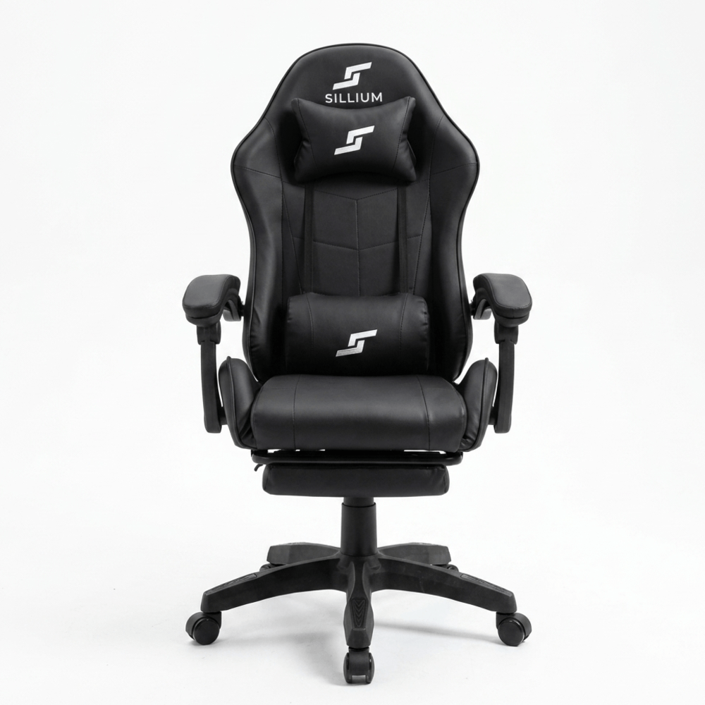 Imagen 2 del producto Silla gamer Sillium modelo Sillium, 100 kg, con reposapiés y almohadillas, estructura metálica, reclinable, negro