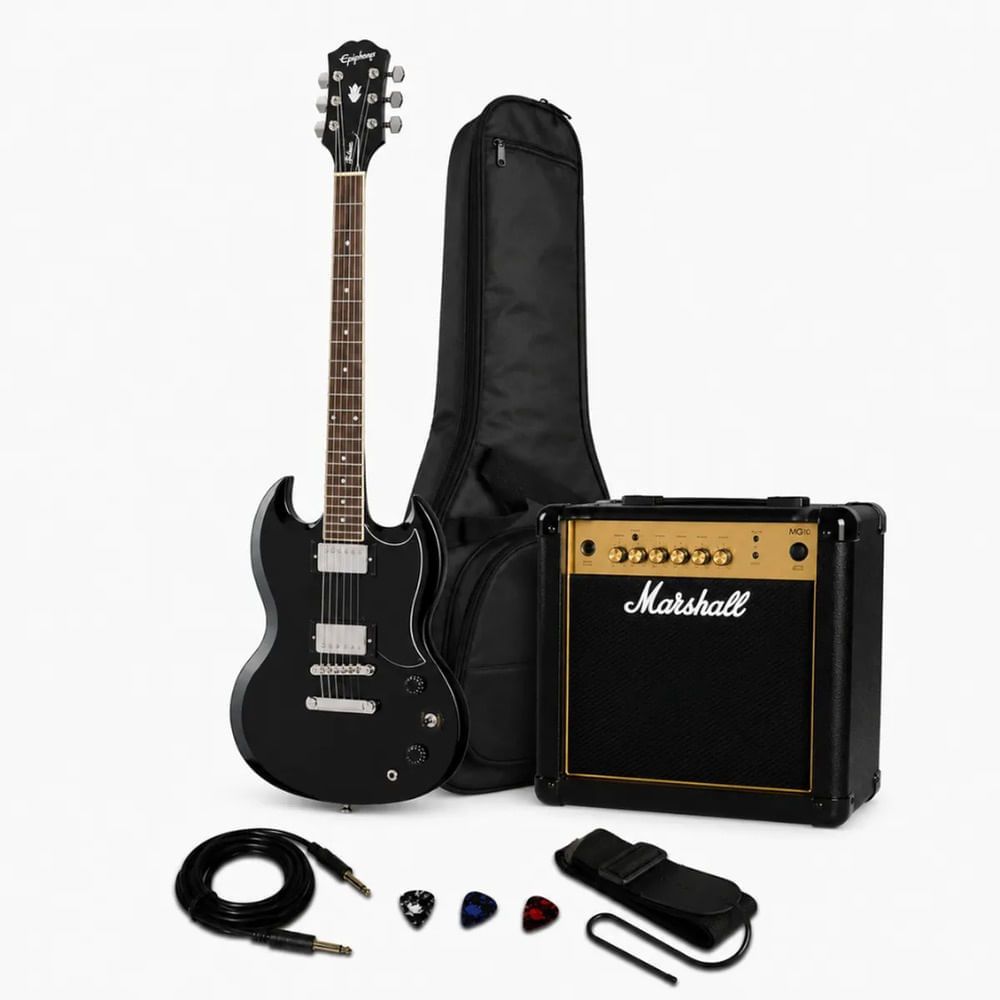 Imagen 2 del producto Pack guitarra eléctrica Epiphone SG Tribute Vintage Ebony + amplificador Marshall MG15G 15W y accesorios