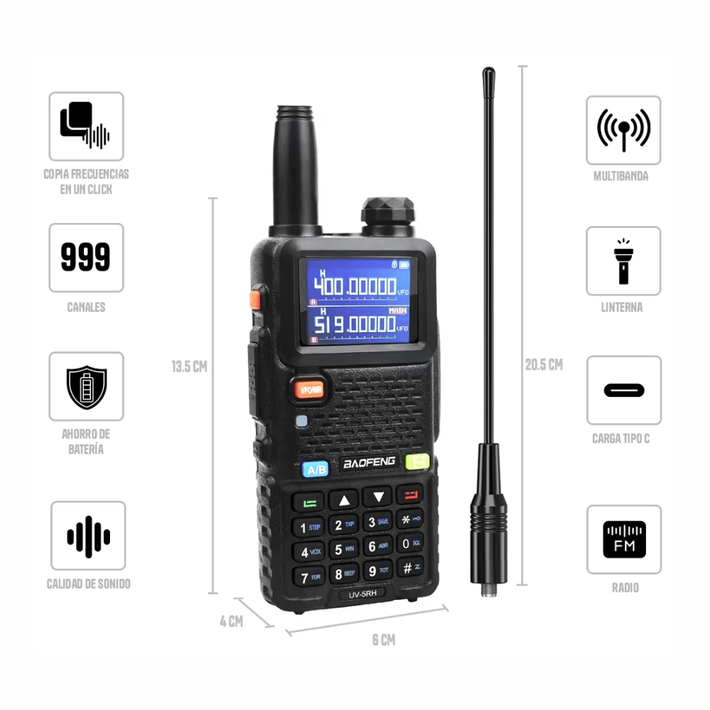 Imagen 2 del producto Radio portátil Baofeng UV5RH VHF UHF, 10 W, 999 canales, alcance hasta 8 km, pantalla 1.77"", radio FM, IP45