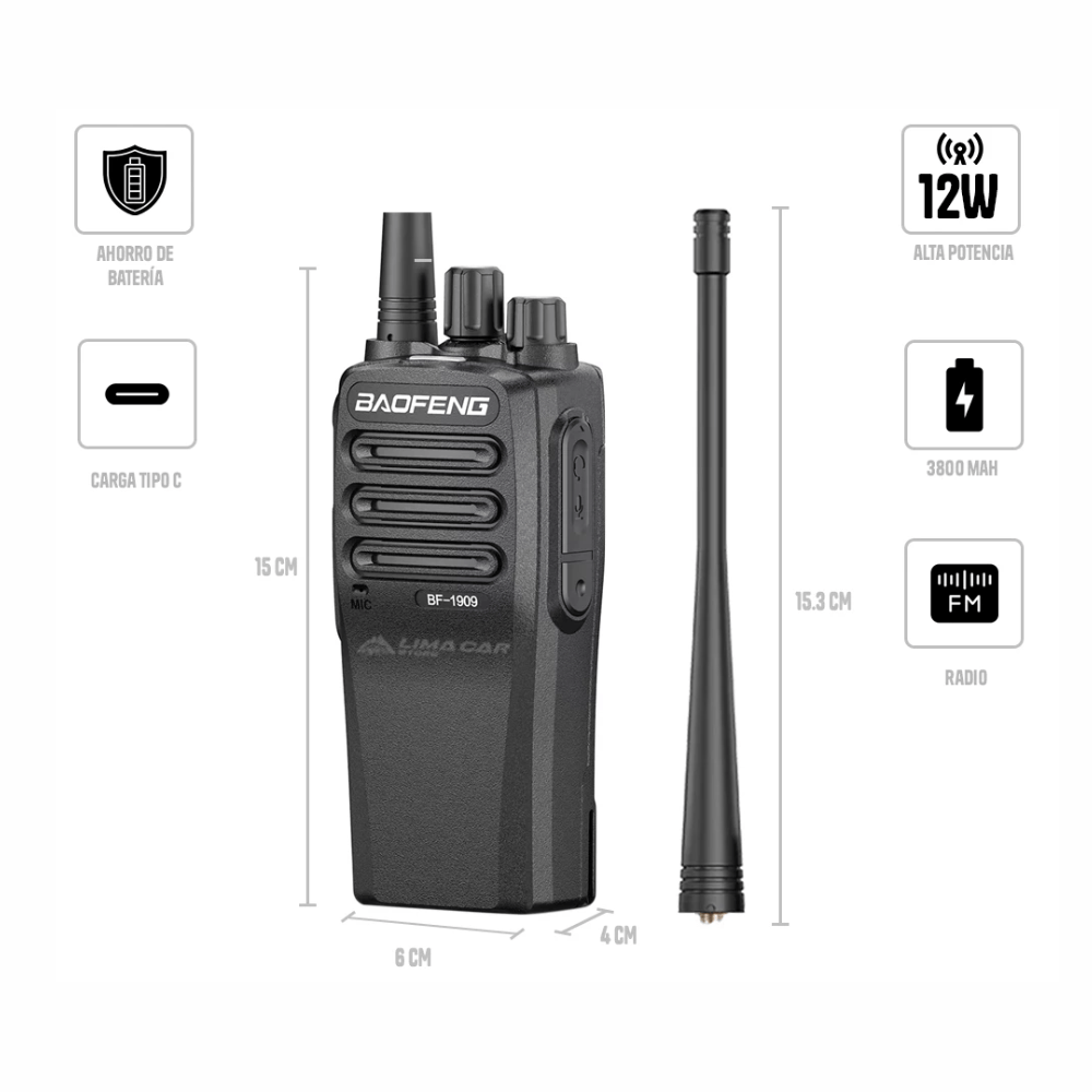 Imagen 2 del producto Radio portátil Baofeng BF-1909 UHF, 12 W, 400-470 MHz, 16 canales, alcance hasta 12 km, batería 3800 mAh