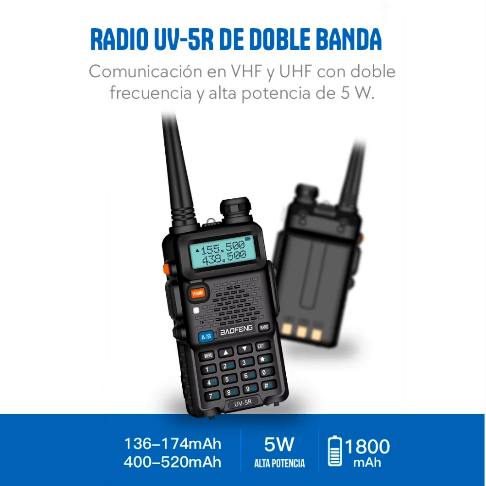 Imagen 2 del producto Radio portátil Baofeng UV5R VHF UHF, 5 W, 128 canales, alcance hasta 5 km, pantalla LCD, radio FM