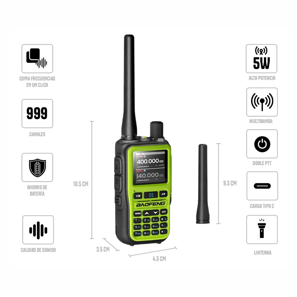 Imagen 2 del producto Pack 2 radios portátiles Baofeng UV5R-MINI VHF UHF, 5 W, 999 canales, alcance hasta 5 km, Bluetooth, doble PTT
