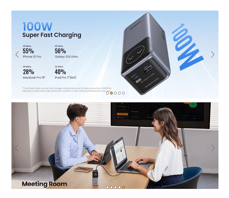Imagen 2 del producto Batería externa Ugreen Nexode PB724 12000 mAh, carga rápida 100 W, USB-C bidireccional y pantalla, gris