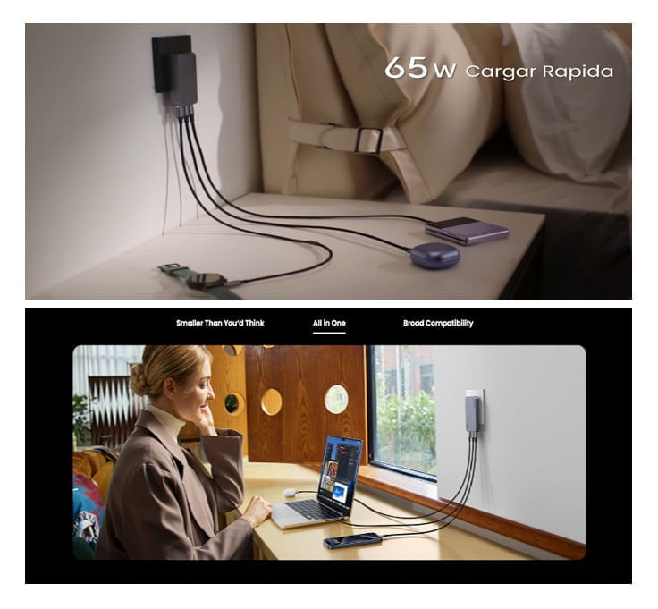 Imagen 2 del producto Cargador de pared Ugreen Nexode Pro X753, 65 W, 2 USB-C y 1 USB-A, tecnología GaN, gris