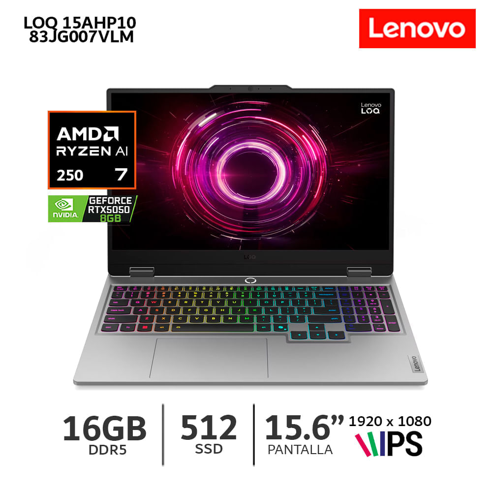 Imagen 2 del producto Laptop gamer Lenovo LOQ 15AHP10 15.6"", AMD Ryzen 7 250, SSD 512 GB, 16 GB RAM, RTX 5050 8 GB, FreeDOS - sin Sistema Operativo, gris luna
