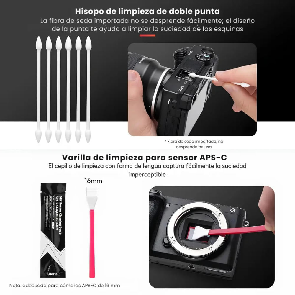 Imagen 2 del producto Kit de limpieza 10 en 1 Ulanzi para cámaras y lentes, incluye paño de microfibra, cepillo retráctil, hisopo, spray limpiador