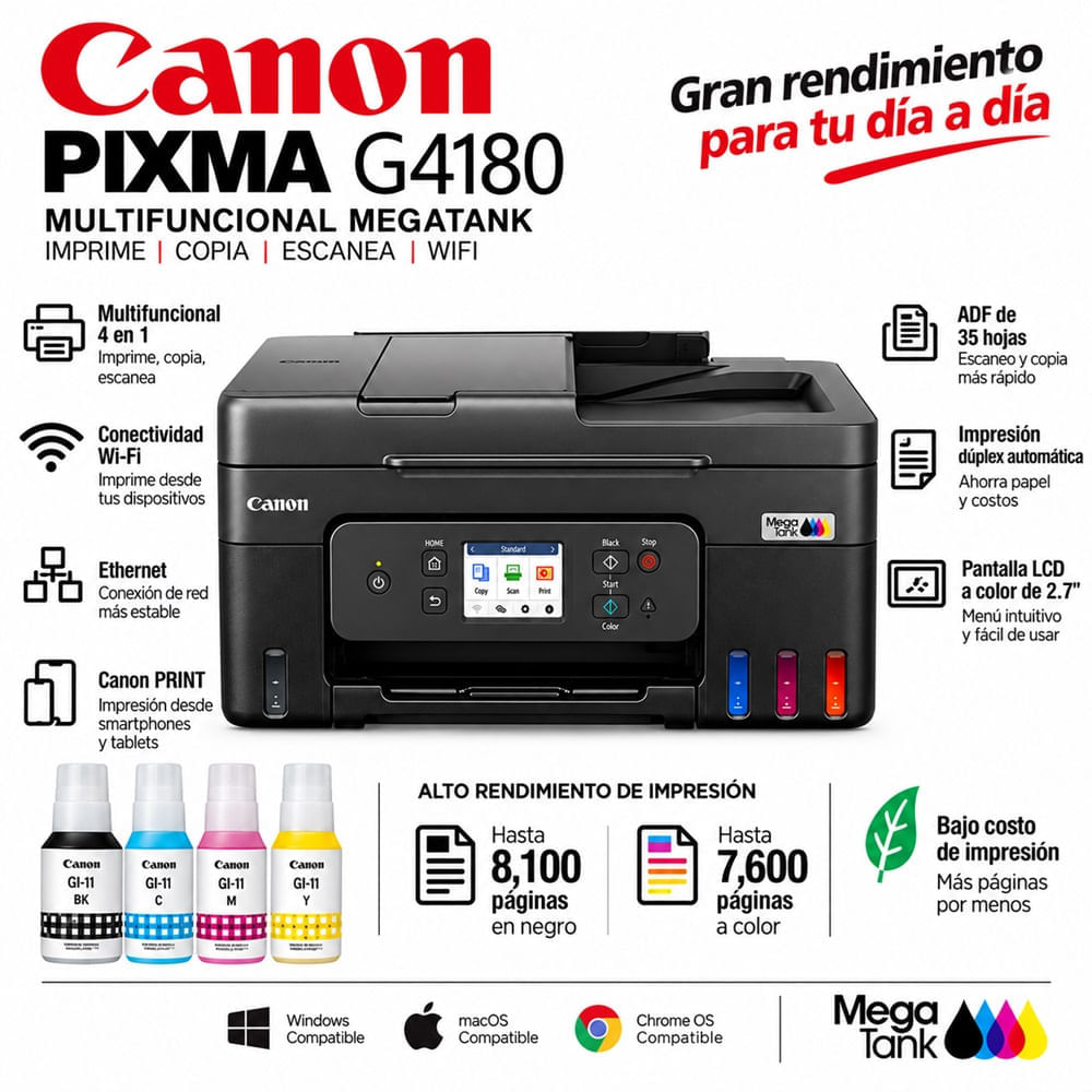 Imagen 2 del producto Impresora multifuncional Canon G4180 de inyección de tinta, inalámbrica, Wi-Fi, tanque recargable, ADF y dúplex automático