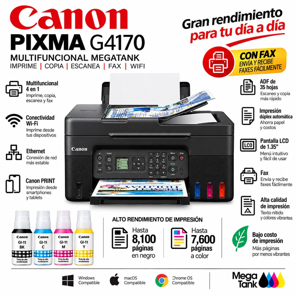 Imagen 2 del producto Impresora multifuncional Canon Pixma G4170 de inyección de tinta, inalámbrica, Wi-Fi y sistema MegaTank con ADF