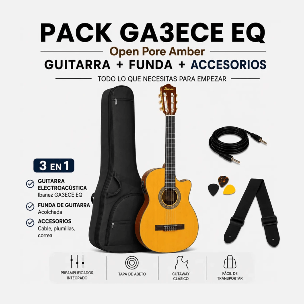 Imagen 2 del producto Guitarra electroacústica Ibanez Ga3ece Pack, Classical Cutaway, tapa de abeto, 19 trastes, AEQ-2T, Open Pore, amber