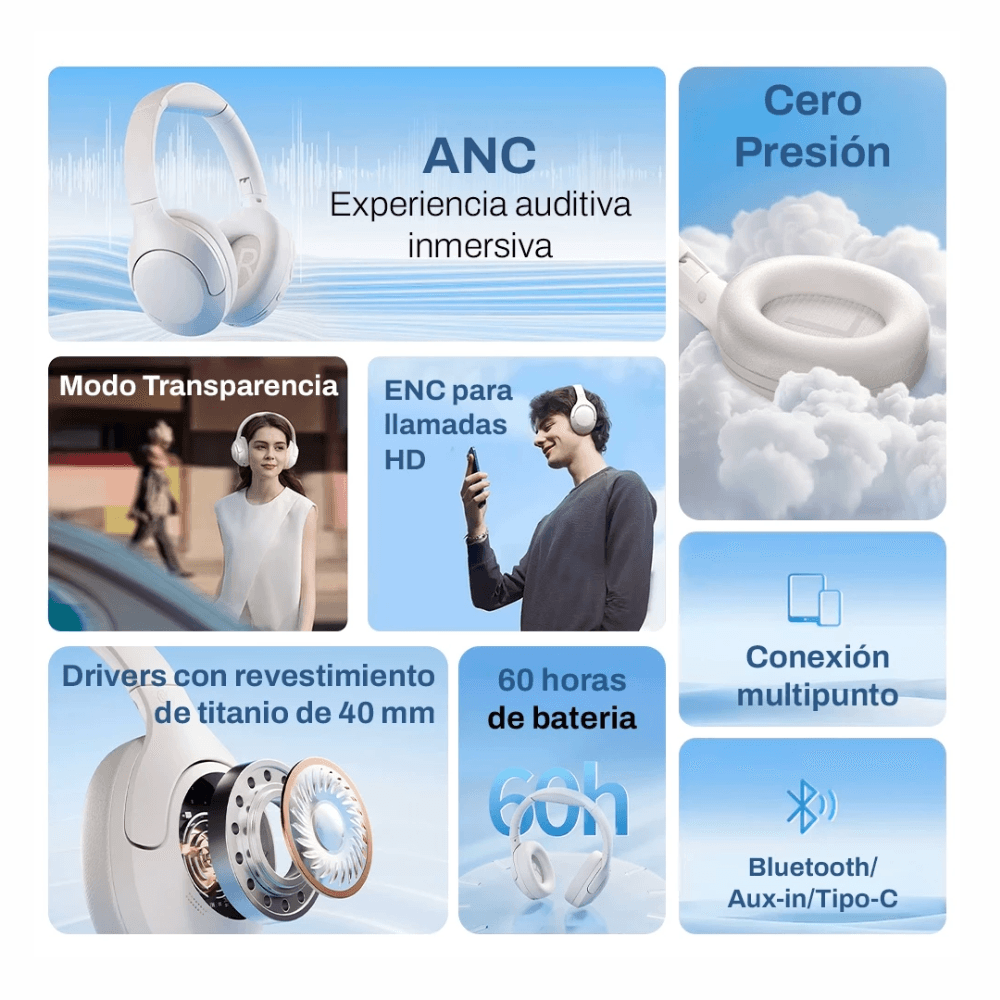 Imagen 2 del producto Audífonos con cancelación de ruido QCY H3 Lite, Bluetooth 5.3, micrófonos duales ENC, hasta 60 horas, botones, blanco