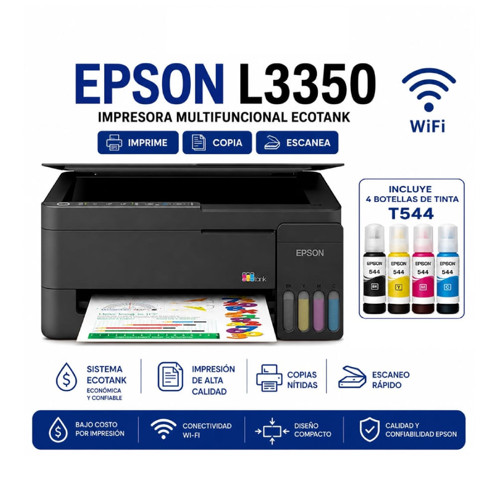 Imagen 2 del producto Impresora multifuncional Epson EcoTank L3350, inyección de tinta, inalámbrica, Wi-Fi, con tanques recargables