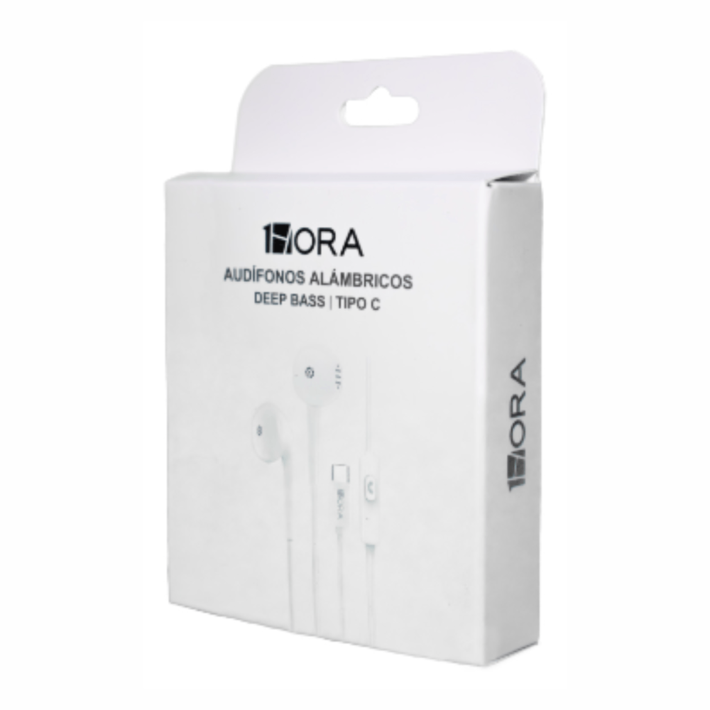 Imagen 2 del producto Audífonos alámbricos in ear 1 HORA AUT124, USB Tipo-C, micrófono, cable antienredos 1.2 m, blanco