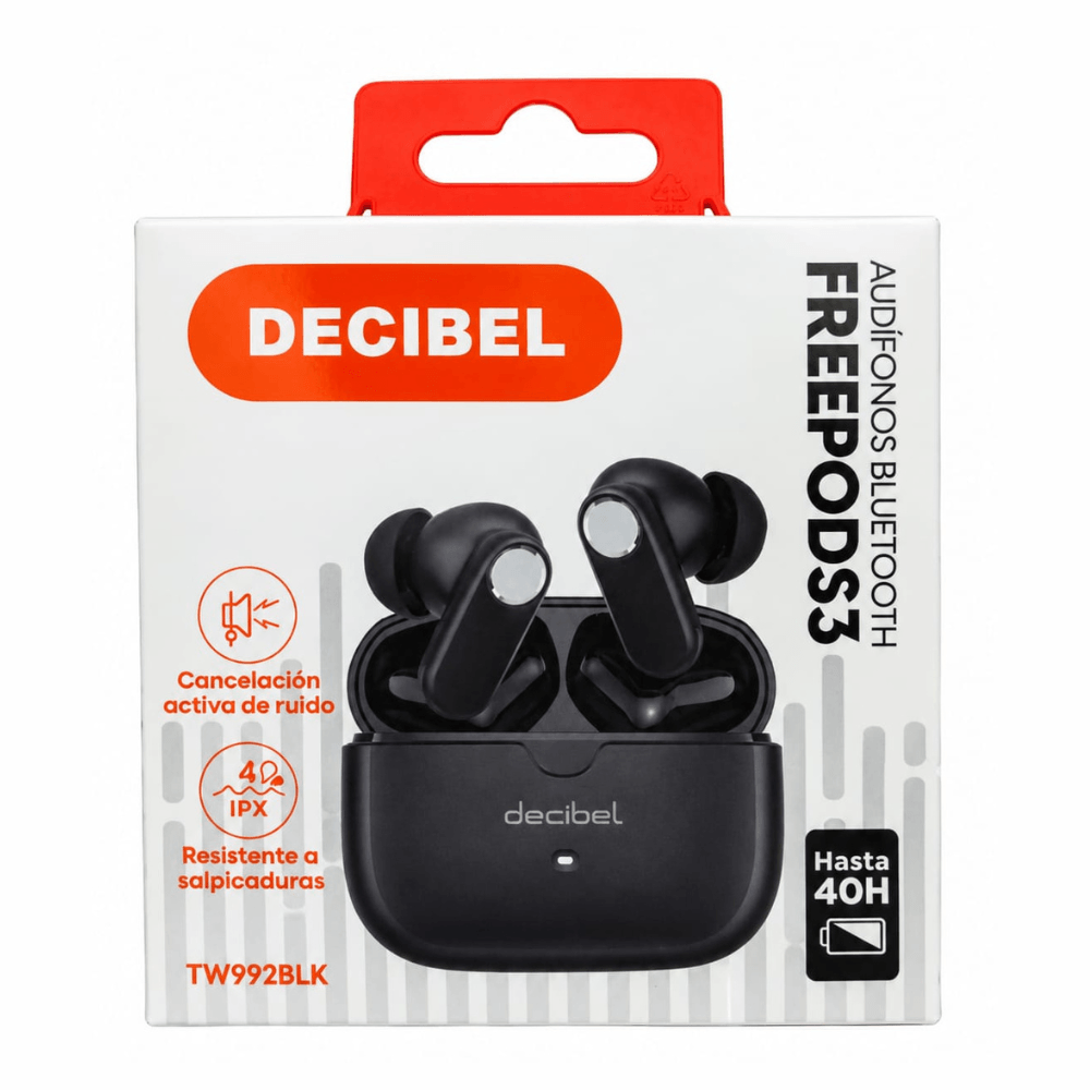 Imagen 2 del producto Audífonos true wireless Decibel FreePods 3, Bluetooth 5.4, ANC, IPX4, hasta 40 horas con estuche, Anti Wind, negro