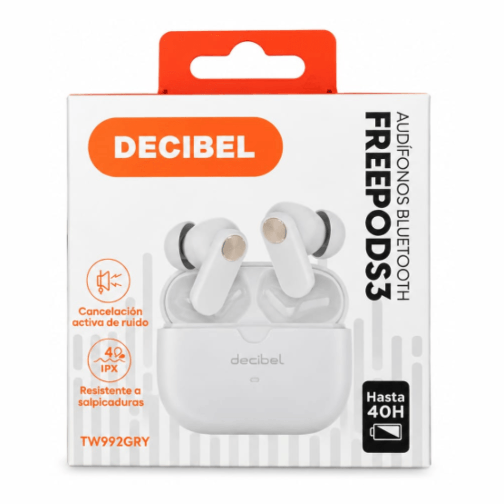 Imagen 2 del producto Audífonos true wireless Decibel FreePods 3, Bluetooth 5.4, ANC, IPX4, hasta 40 horas con estuche, Anti Wind, gris