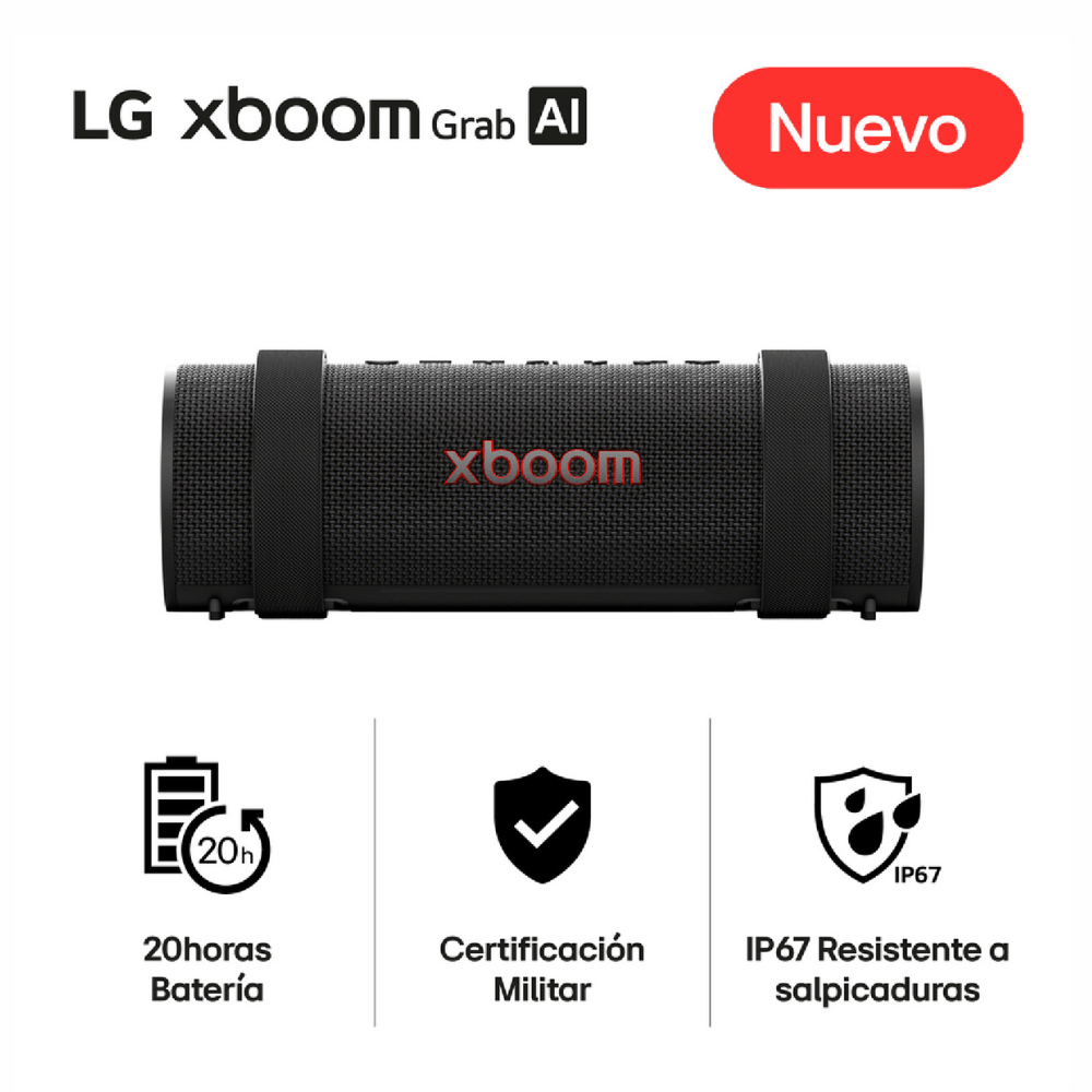 Imagen 2 del producto Parlante portátil bluetooth LG Xboom Grab, 30 W, resistente al agua, IP67, hasta 20 horas, negro