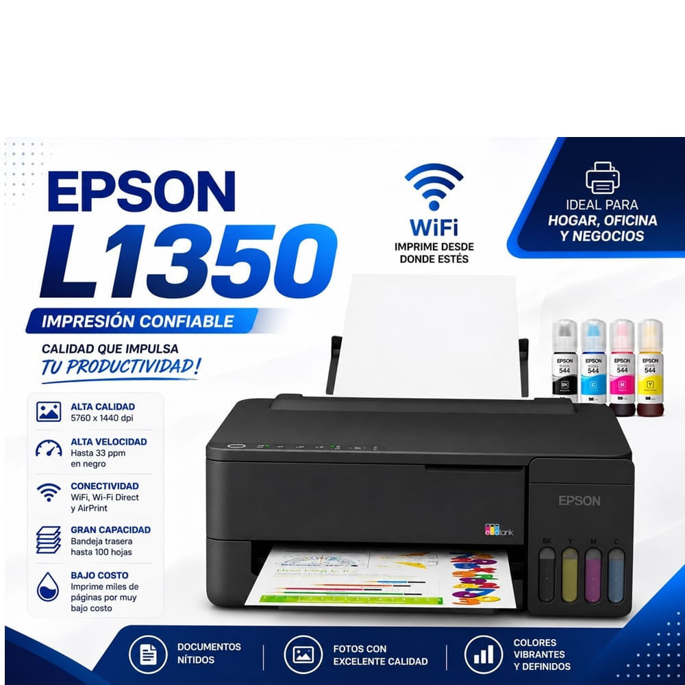 Imagen 2 del producto Impresora Epson EcoTank L1350 de inyección de tinta, inalámbrica con Wi-Fi y sistema de tanques recargables, solo impresión