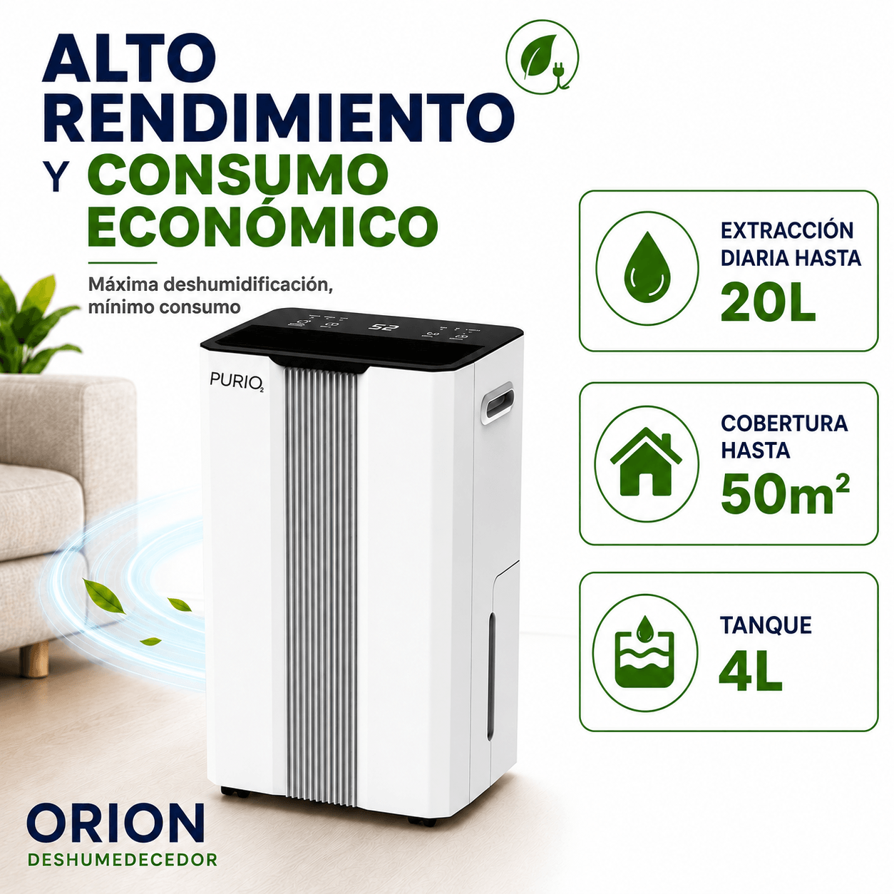 Imagen 2 del producto Deshumidificador digital Purio Orion de 20 L/día, tanque de 4 L, cobertura de 30 a 50 m² y panel digital, blanco
