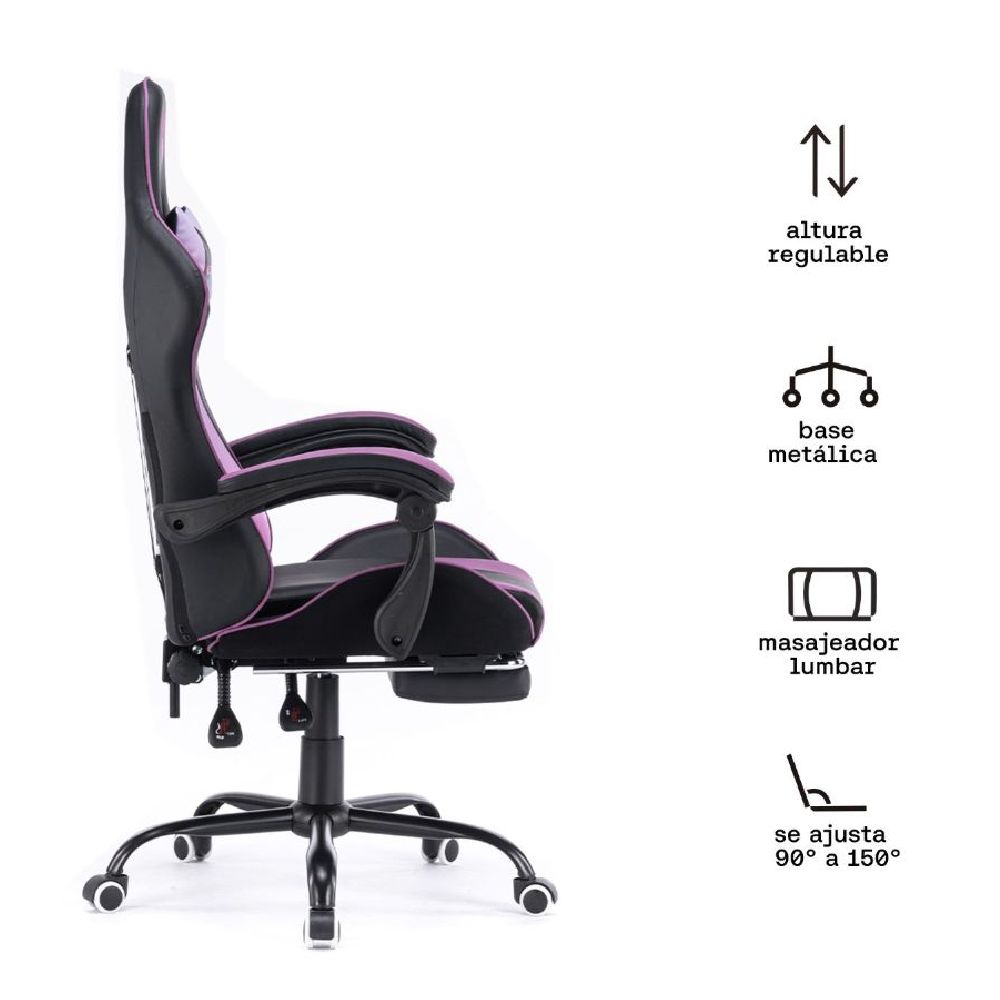 Imagen 2 del producto Silla gamer Kuzler RIK-101M, 150 kg, reposapiés, almohadillas, estructura metálica, reclinable, morada