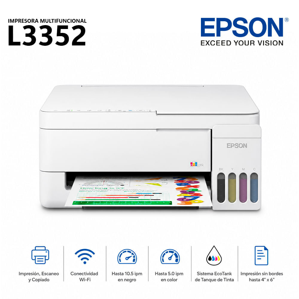 Imagen 2 del producto Impresora multifuncional Epson EcoTank L3352 de inyección de tinta, inalámbrica con Wi-Fi y tanques recargables, blanco