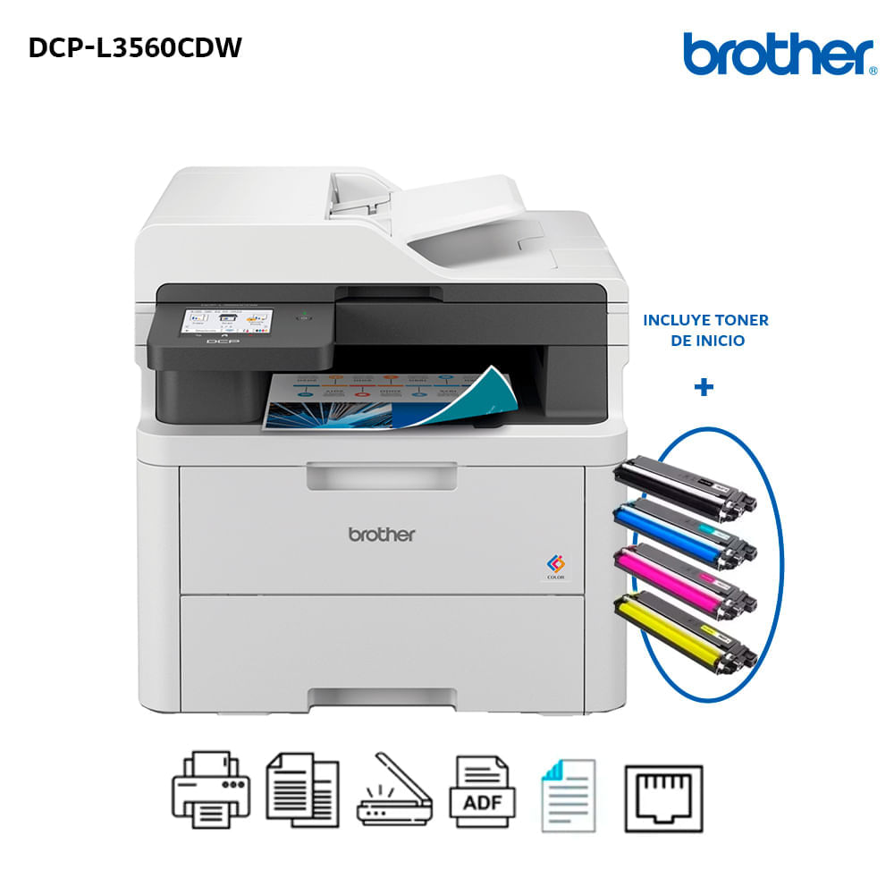 Imagen 2 del producto Impresora multifuncional Brother DCP-L3560CDW con tecnología LED a color, conexión USB, Ethernet y Wi-Fi, dúplex automático y cartuchos de tóner