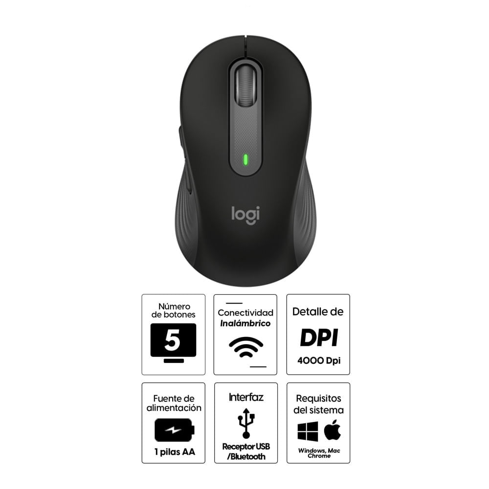 Imagen 2 del producto Reacondicionado: Mouse inalámbrico Logitech Signature M650 Inalámbrico Logitech Signature M650, Bluetooth y receptor USB, 4000 dpi, 5 botones, negro