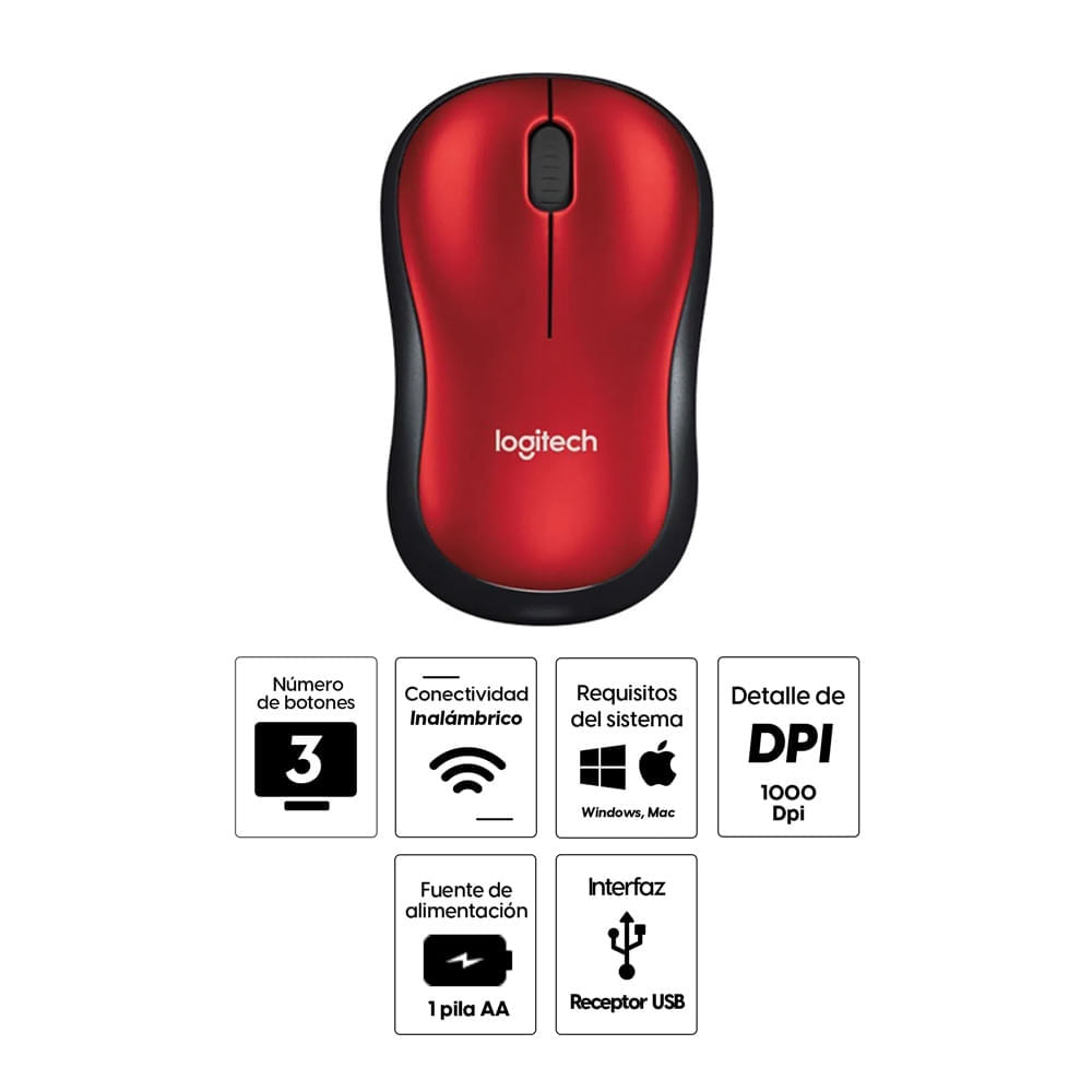 Imagen 2 del producto Reacondicionado: Mouse inalámbrico Logitech M185 receptor USB, 1000 dpi, 3 botones, usa pila, rojo