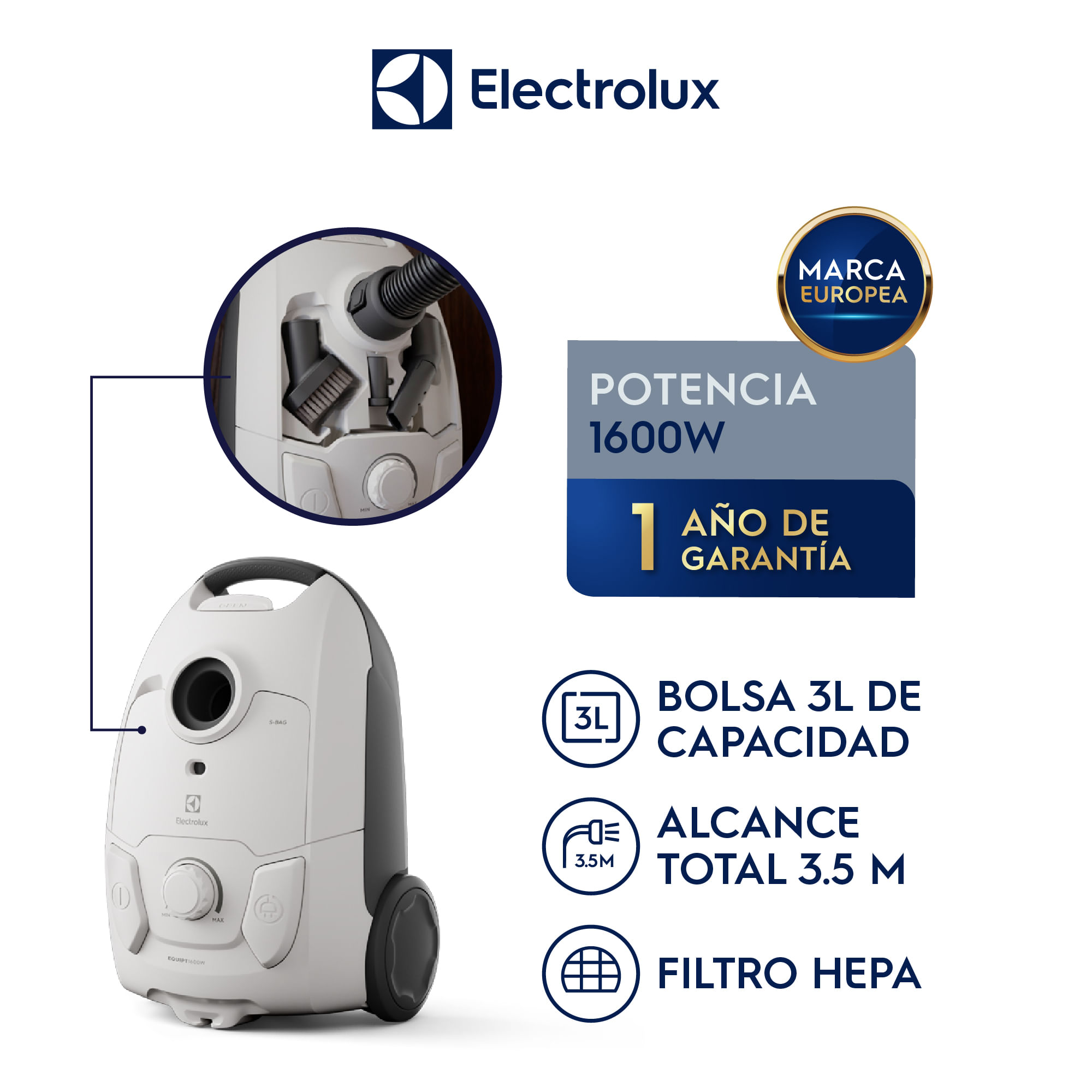 Imagen 2 del producto Aspiradora Electrolux 1600w EQP30 con filtro Hepa, regulador de potencia, enrollador de cable automático