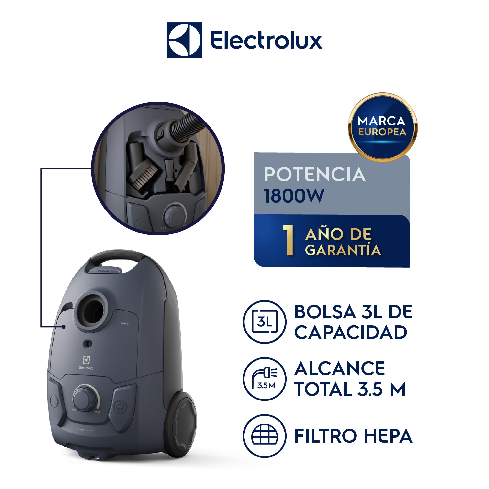 Imagen 2 del producto Aspiradora Electrolux Experience, 1800W, filtro Hepa, regulador de potencia, enrollador de cable automático